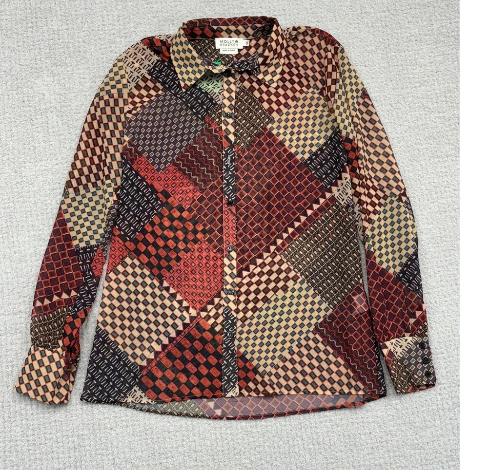 Molly Bracken Red Multicolor Geometric Print Long Sleeve Blouse Size S #68878